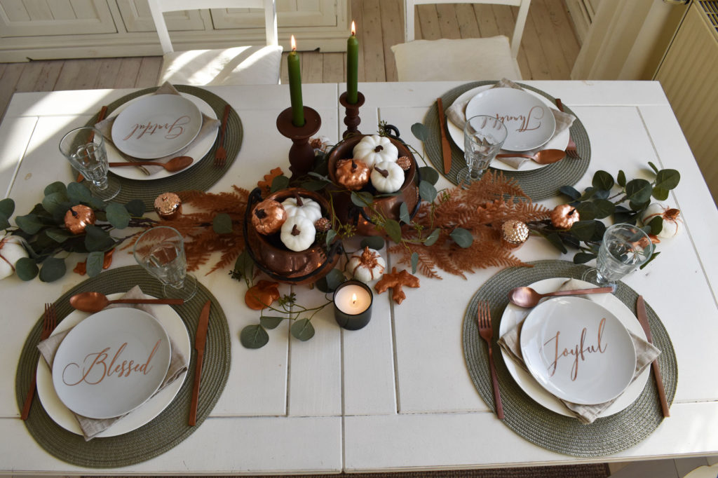 Tischdeko Herbst Thanksgiving Kupfer Grün Landhaus